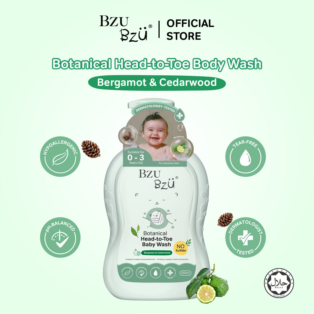 Botanical Head-to-Toe Baby Wash (Bergamot & Cedarwood) 600ml