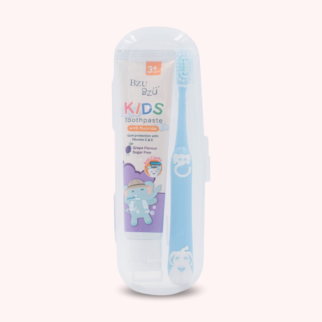 Kids Oral Care Travel Kit 3+ Years (Grape Toothpaste + Blue Toothbrush)