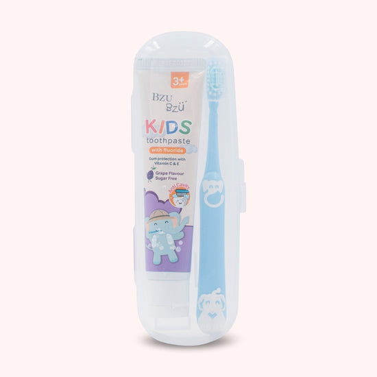 Kids Oral Care Travel Kit 3+ Years (Grape Toothpaste + Blue Toothbrush)
