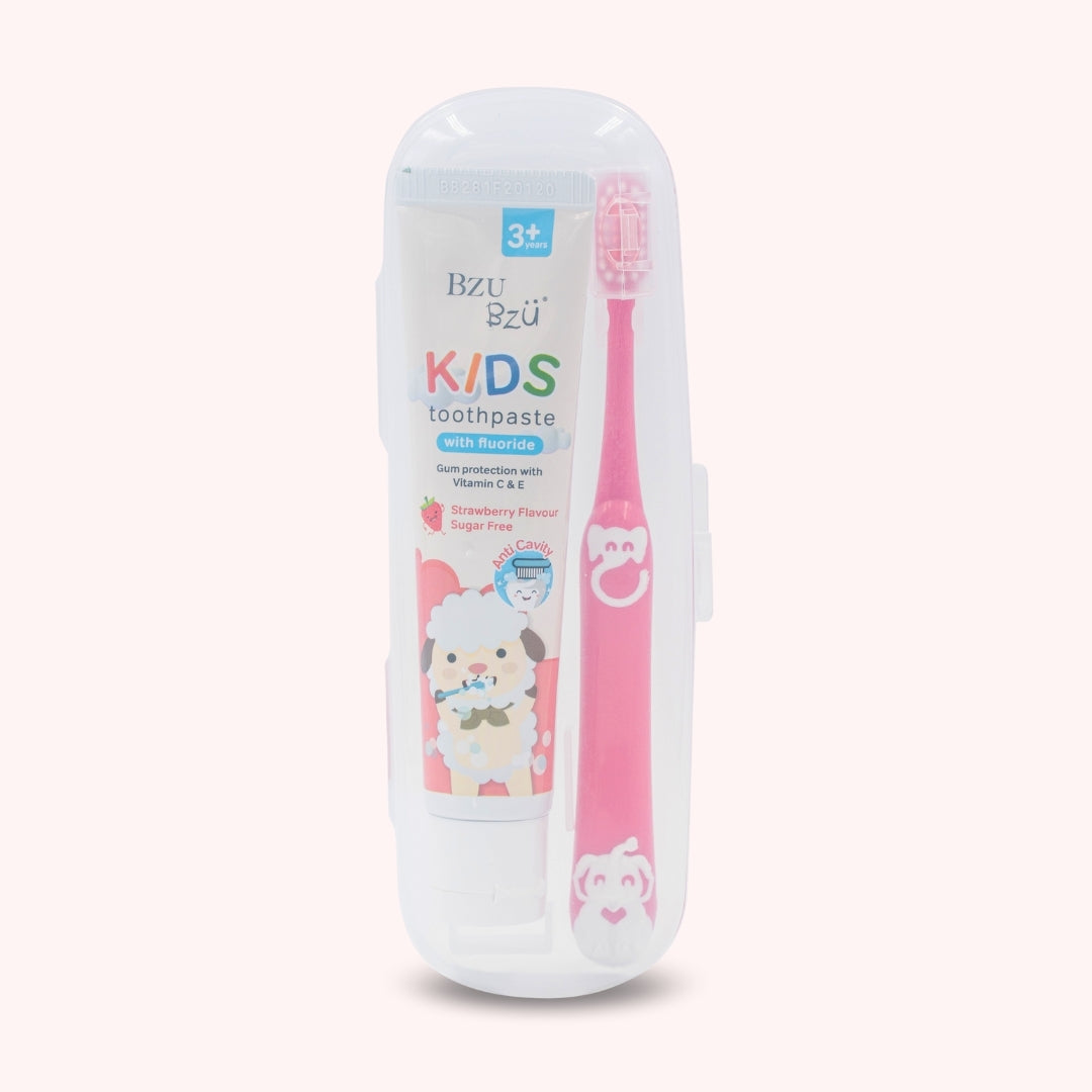 Kids Oral Care Travel Kit 3+ Years (Strawberry Toothpaste + Pink Toothbrush)