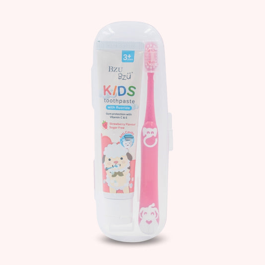 Kids Oral Care Travel Kit 3+ Years (Strawberry Toothpaste + Pink Toothbrush)