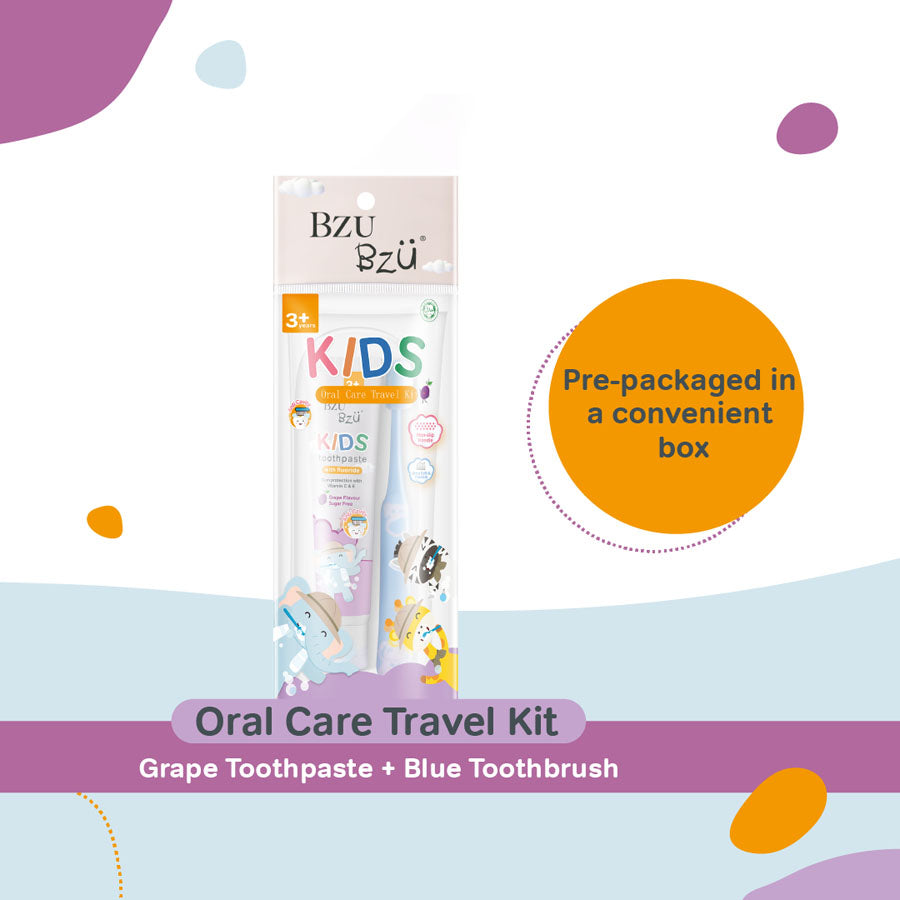 Kids Oral Care Travel Kit 3+ Years (Grape Toothpaste + Blue Toothbrush)
