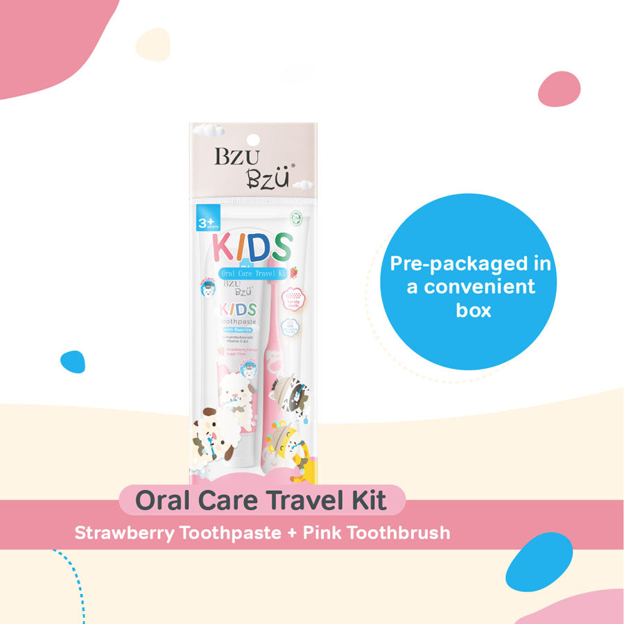 Kids Oral Care Travel Kit 3+ Years (Strawberry Toothpaste + Pink Toothbrush)
