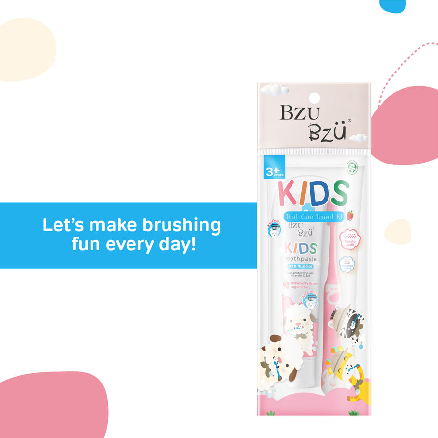 Kids Oral Care Travel Kit 3+ Years (Strawberry Toothpaste + Pink Toothbrush)