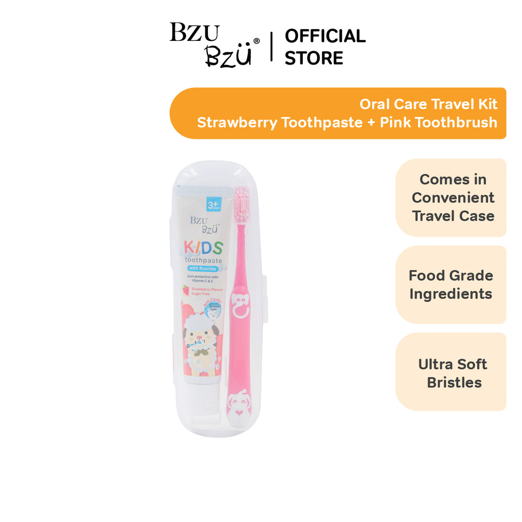 Kids Oral Care Travel Kit 3+ Years (Strawberry Toothpaste + Pink Toothbrush)