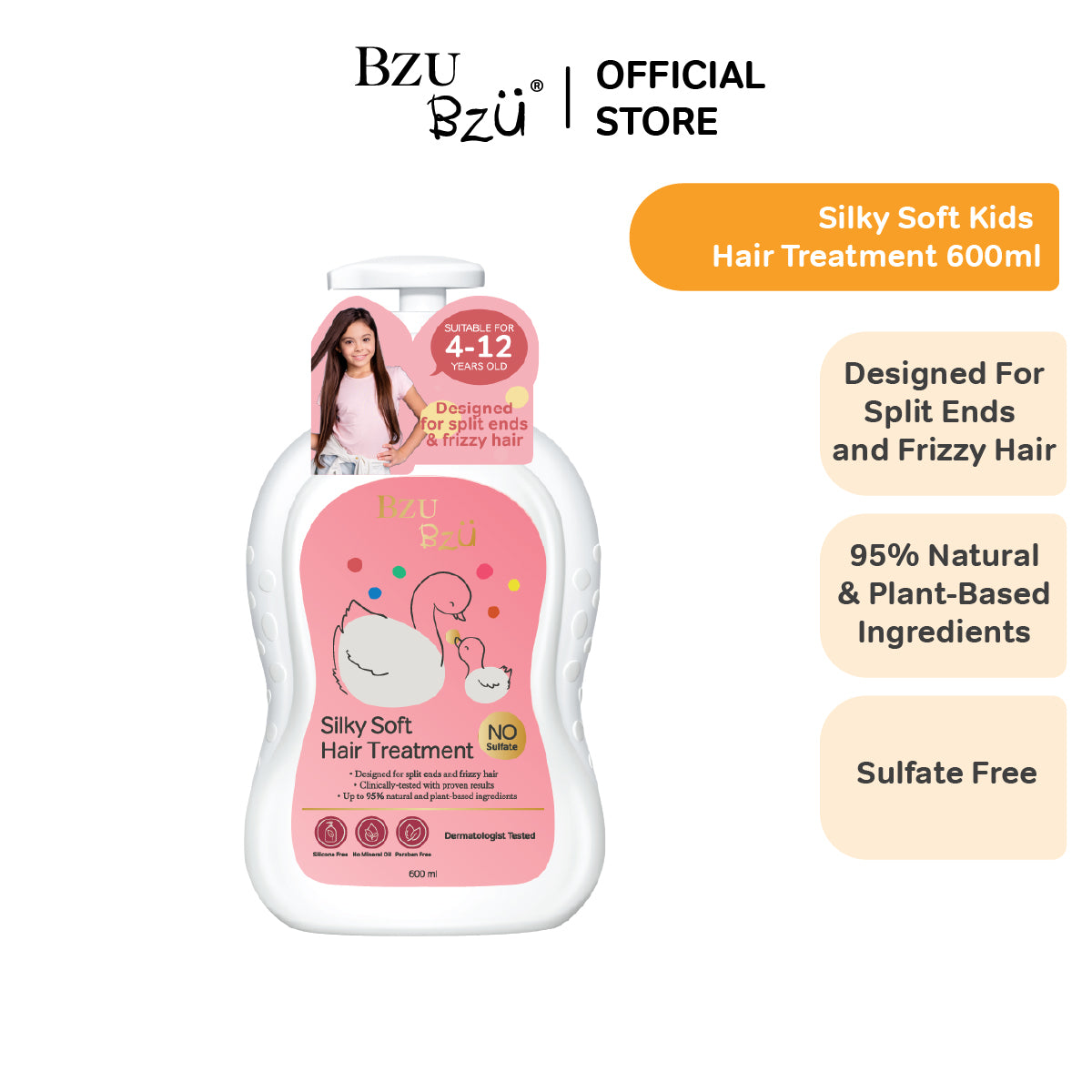 BZU BZU Kids Girl Silky Soft Hair Care Bundle Gift Box - 2 in 1 Hair Shampoo and Conditioner + HairTreatment (600ml)